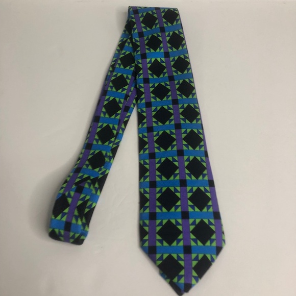 Vintage Versace Black Green/Blue/Purple Geometric Print 100% Silk Tie Italy